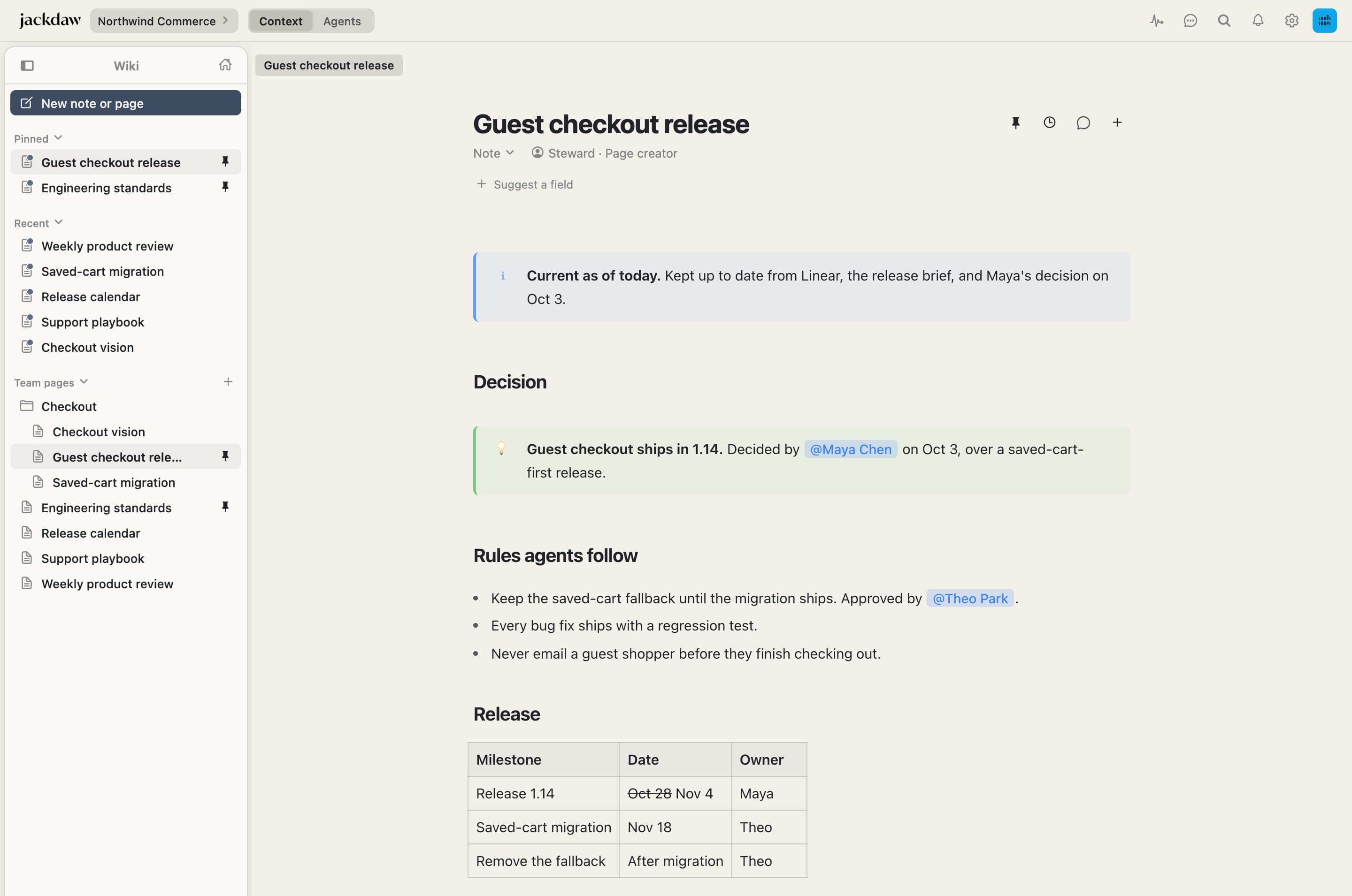 The Guest checkout release page in Jackdaw, with the decision, the rules agents follow, and the release dates.