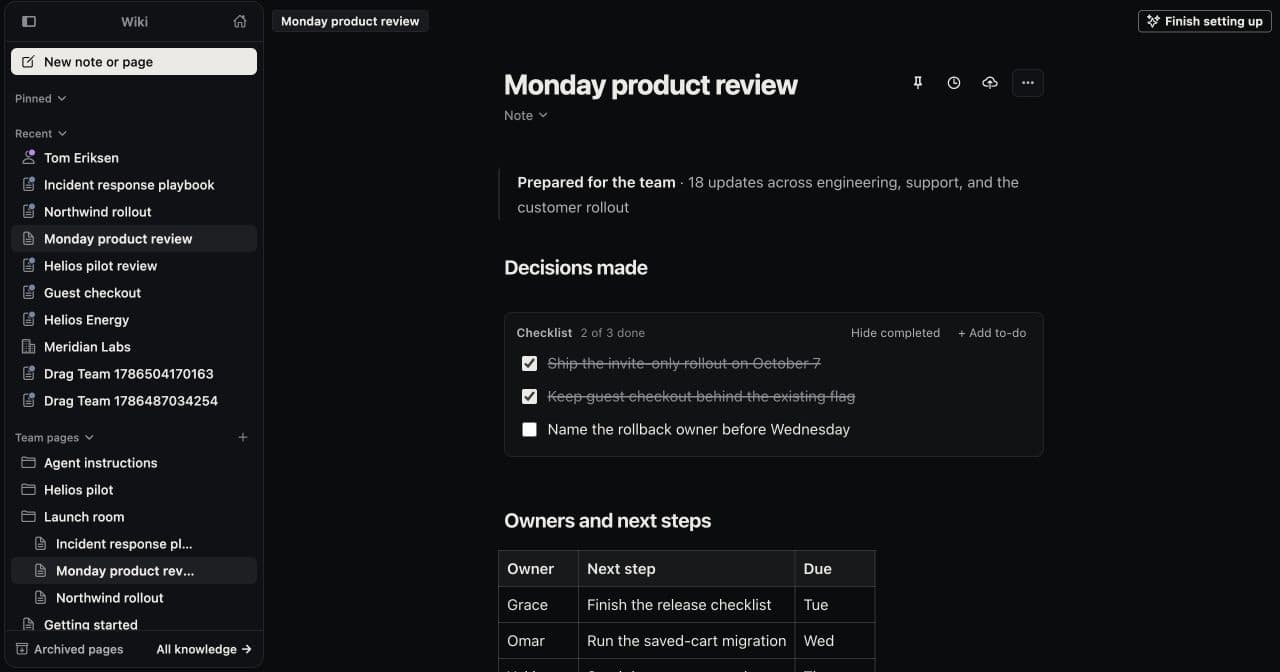 The real Monday product review page in Jackdaw, with decisions, checklist items, owners, next steps, and due dates