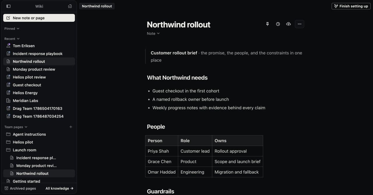 The real Northwind rollout page in Jackdaw, with the rollout brief, current requirements, people, roles, and ownership